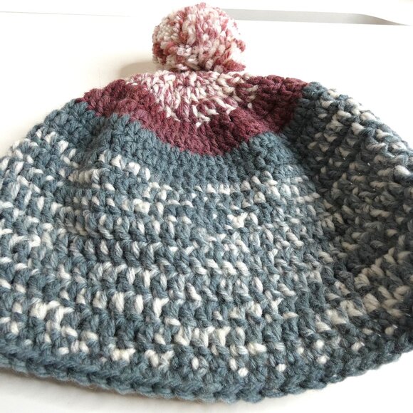 Wool Beanie OS 8" Skull Cap Unisex Handmade Crochet Hand Knit Winter Warm w/ Pom - Picture 6 of 9